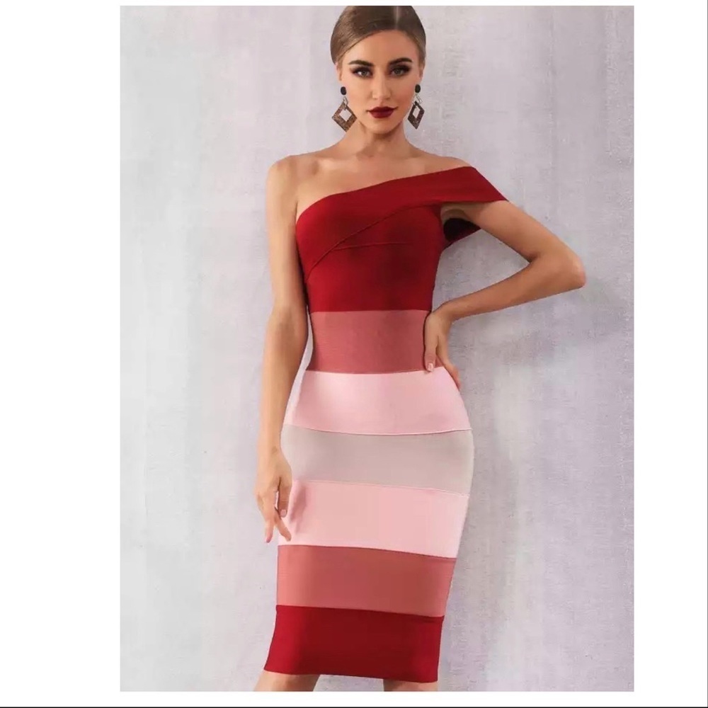One Shoulder Bandage Dress with horizontal stripes bodycon M - Picture 2 of 7